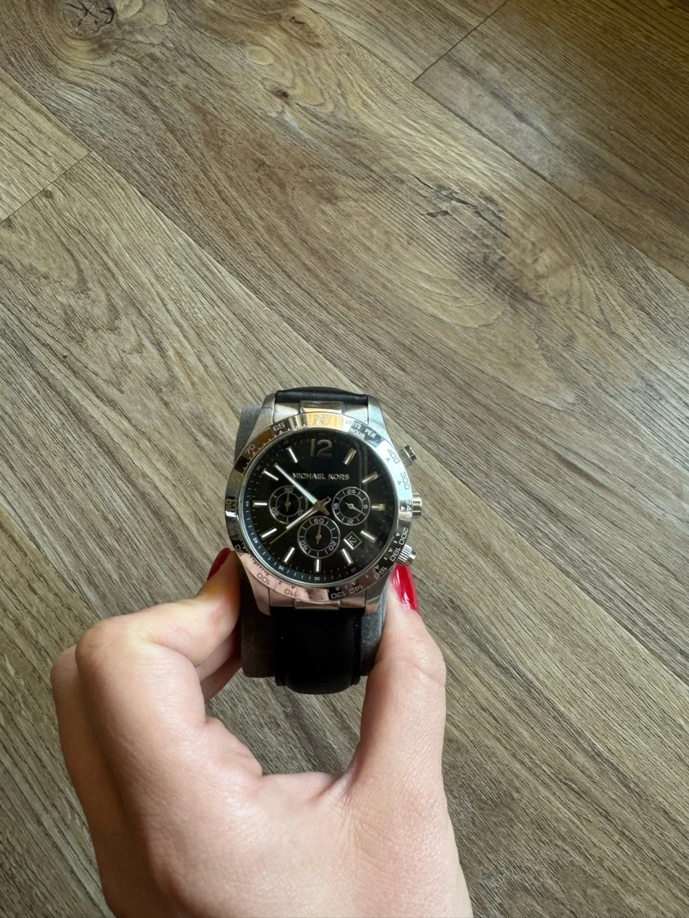 Michael Kors Silver Case Black Dial Chronograph Watch with Black Strap